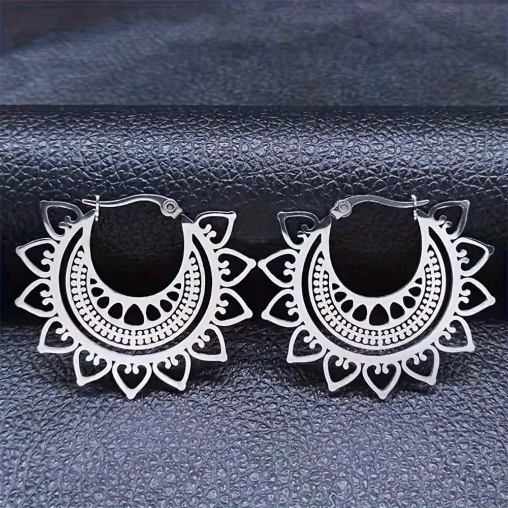 Stainless Steel Boho Earrings Silver Tone‎ Flower Mandala Hoop Earrings